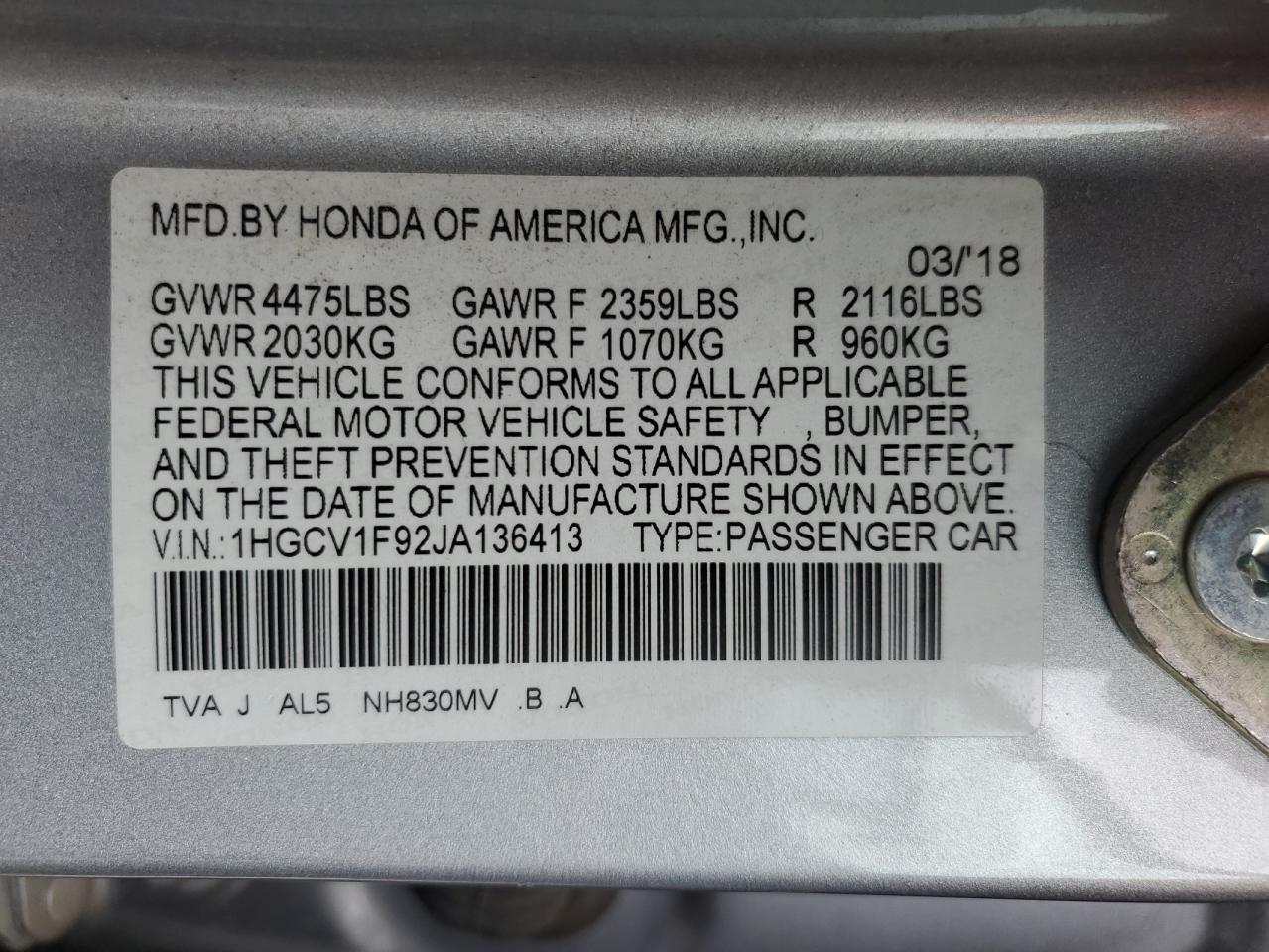 1HGCV1F92JA136413 HONDA ACCORD 2018