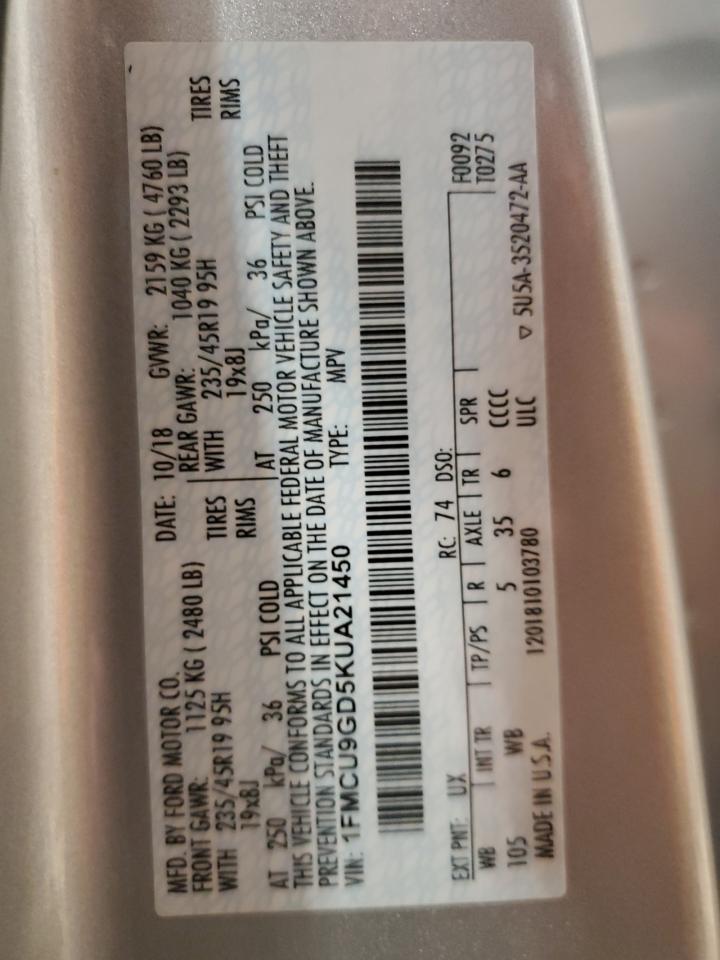1FMCU9GD5KUA21450 FORD ESCAPE 2019