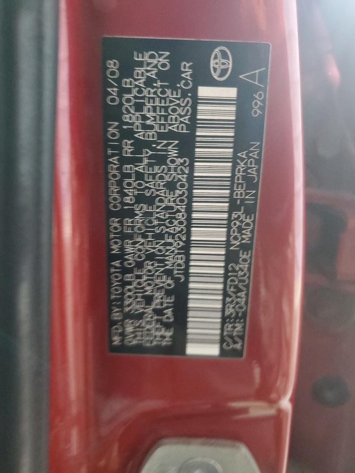 jtdbt923084030423 JTDBT923084030423 2008 Toyota Yaris