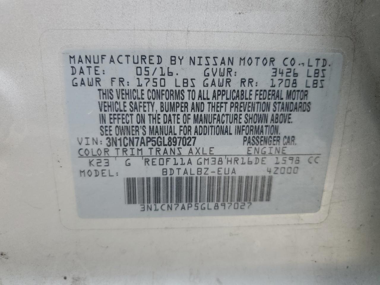 3N1CN7AP5GL897027 NISSAN VERSA 2016