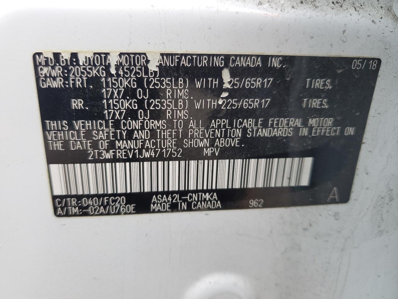 2T3WFREV1JW471752 TOYOTA RAV4 2018