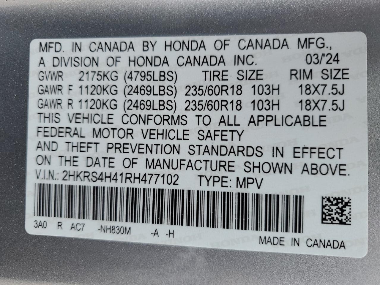 2HKRS4H41RH477102 HONDA CRV 2024