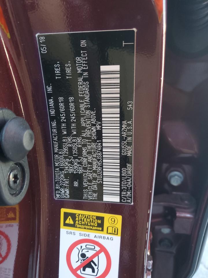 5TDJZRFH5JS874841 TOYOTA HIGHLANDER 2018
