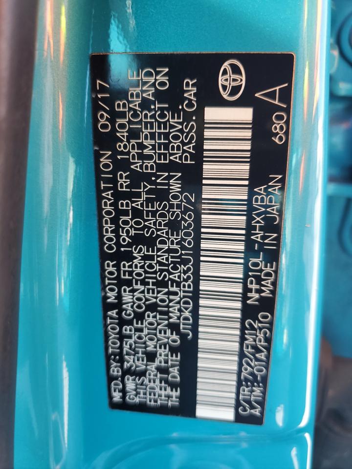 JTDKDTB33J1603672 TOYOTA PRIUS 2018
