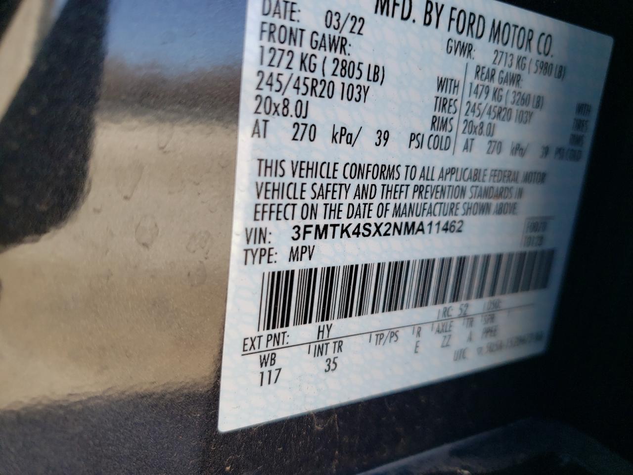 3FMTK4SX2NMA11462 FORD MUSTANG 2022