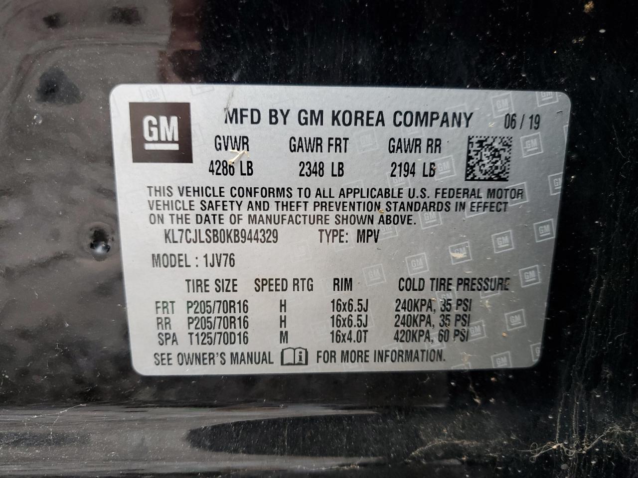 KL7CJLSB0KB944329 CHEVROLET TRAX 2019