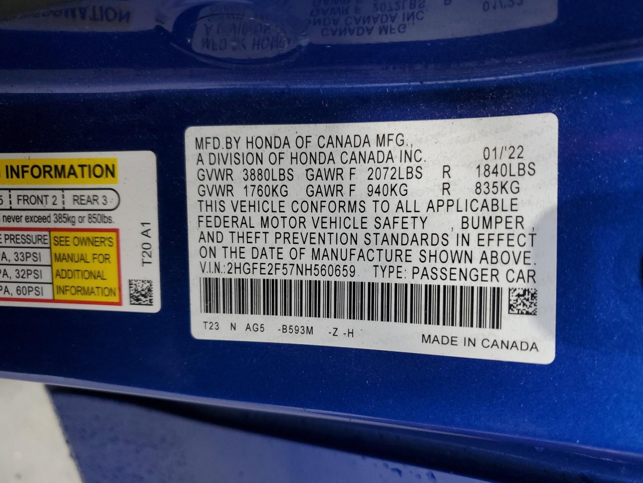 2HGFE2F57NH560659 HONDA CIVIC 2022