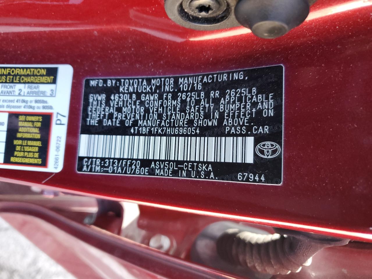 4T1BF1FK7HU696054 TOYOTA CAMRY 2017