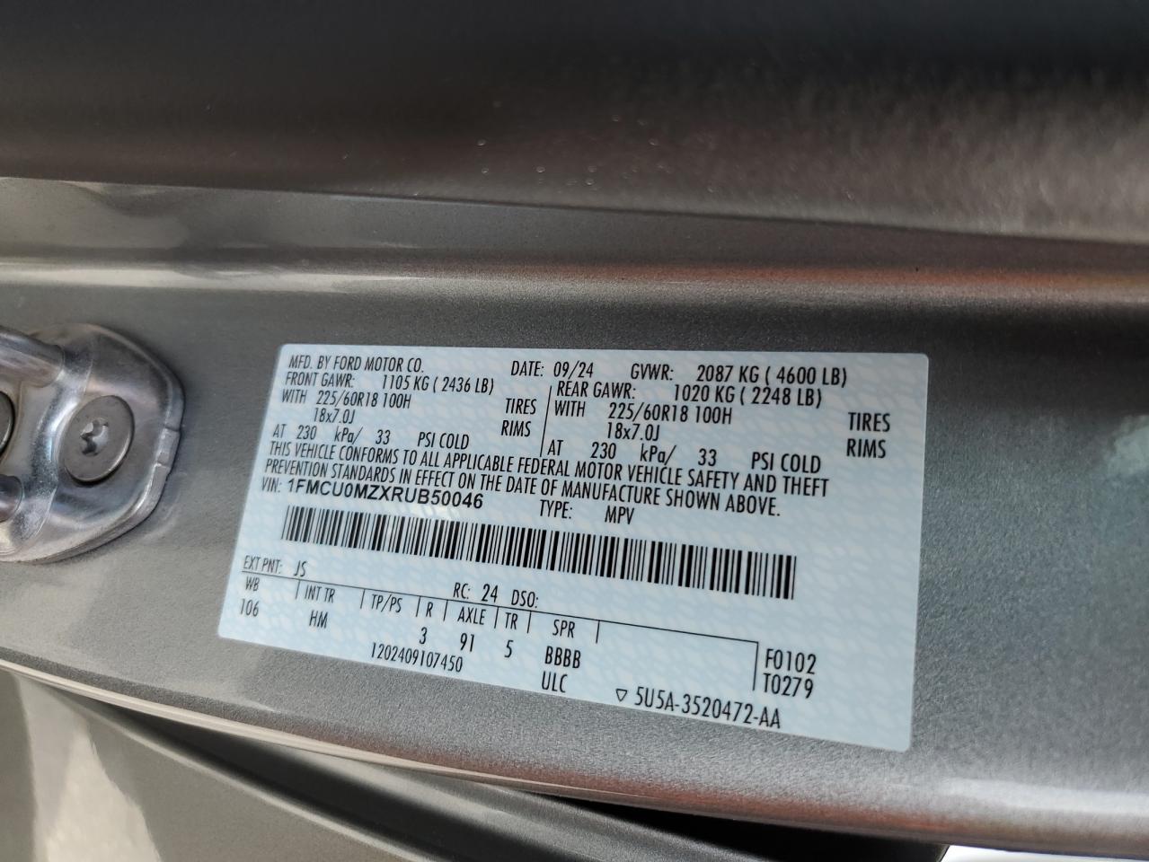 1FMCU0MZXRUB50046 FORD ESCAPE ST 2024