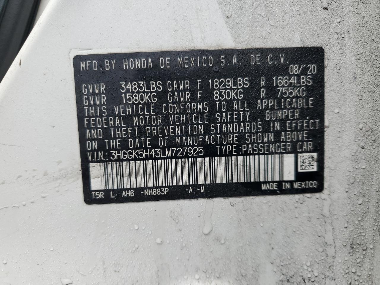 3HGGK5H43LM727925 HONDA FIT 2020