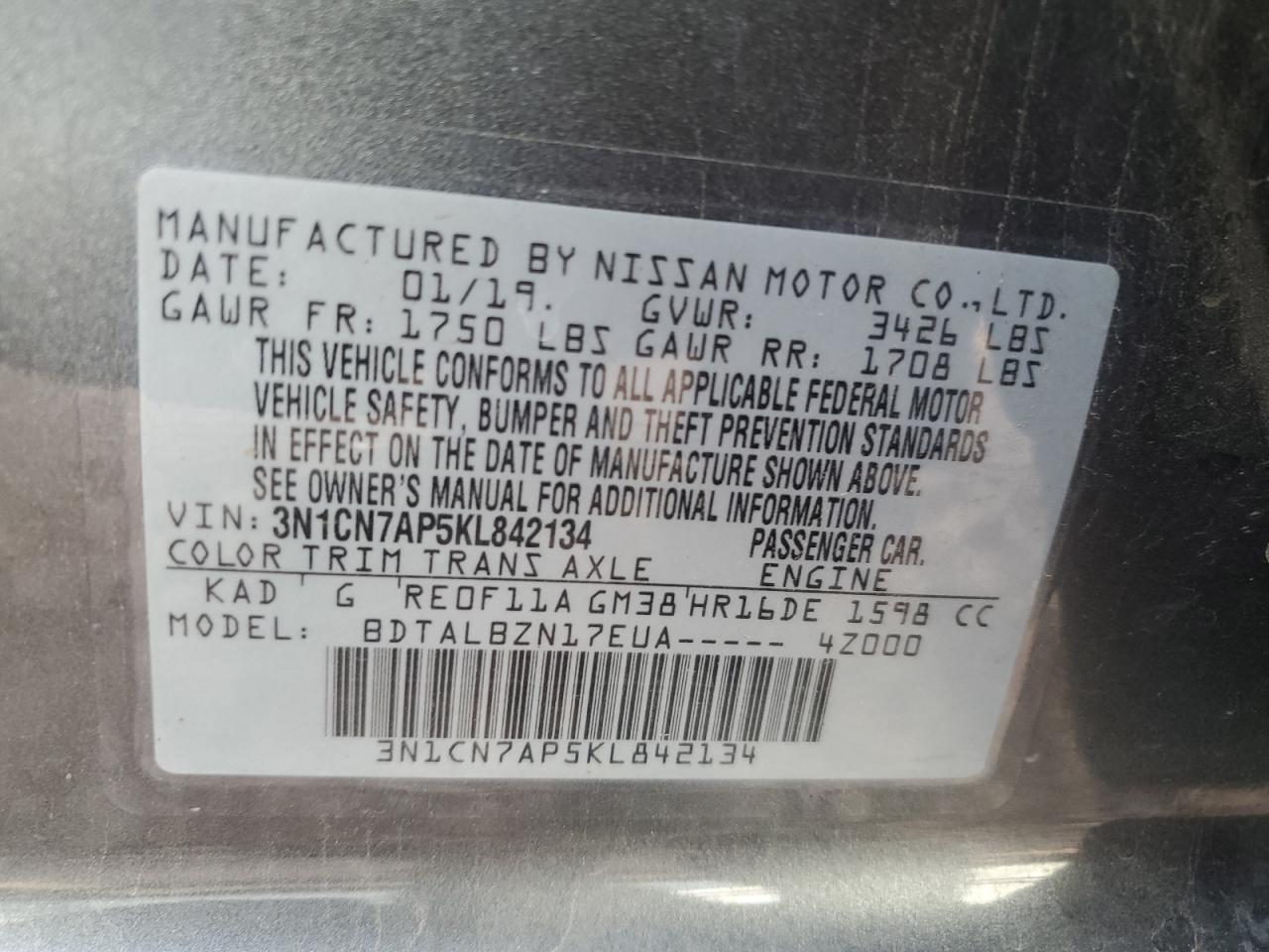 3N1CN7AP5KL842134 NISSAN VERSA 2019