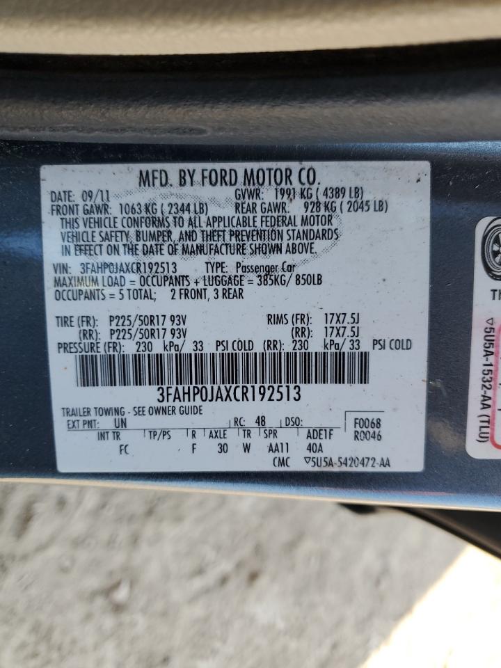 2012 Ford Fusion Sel VIN: 3FAHP0JAXCR192513 Lot: 48873205