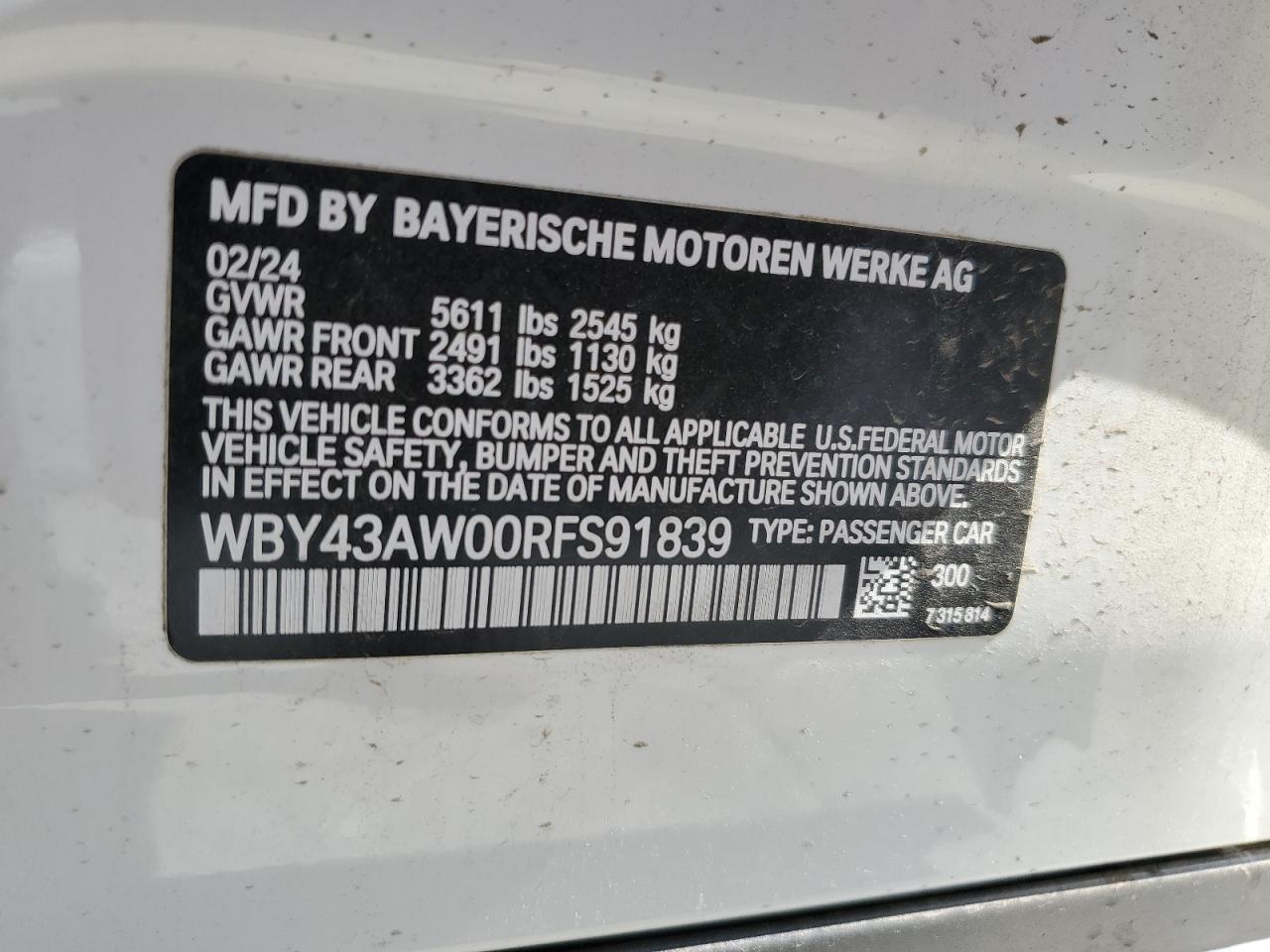 2024 BMW I4 Edrive 35 VIN: WBY43AW00RFS91839 Lot: 47575795