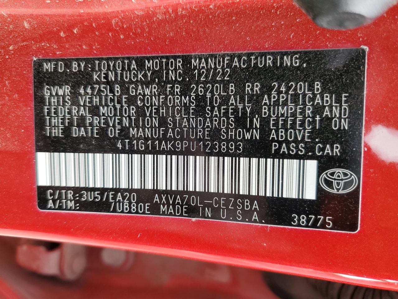 4T1G11AK9PU123893 TOYOTA CAMRY 2023