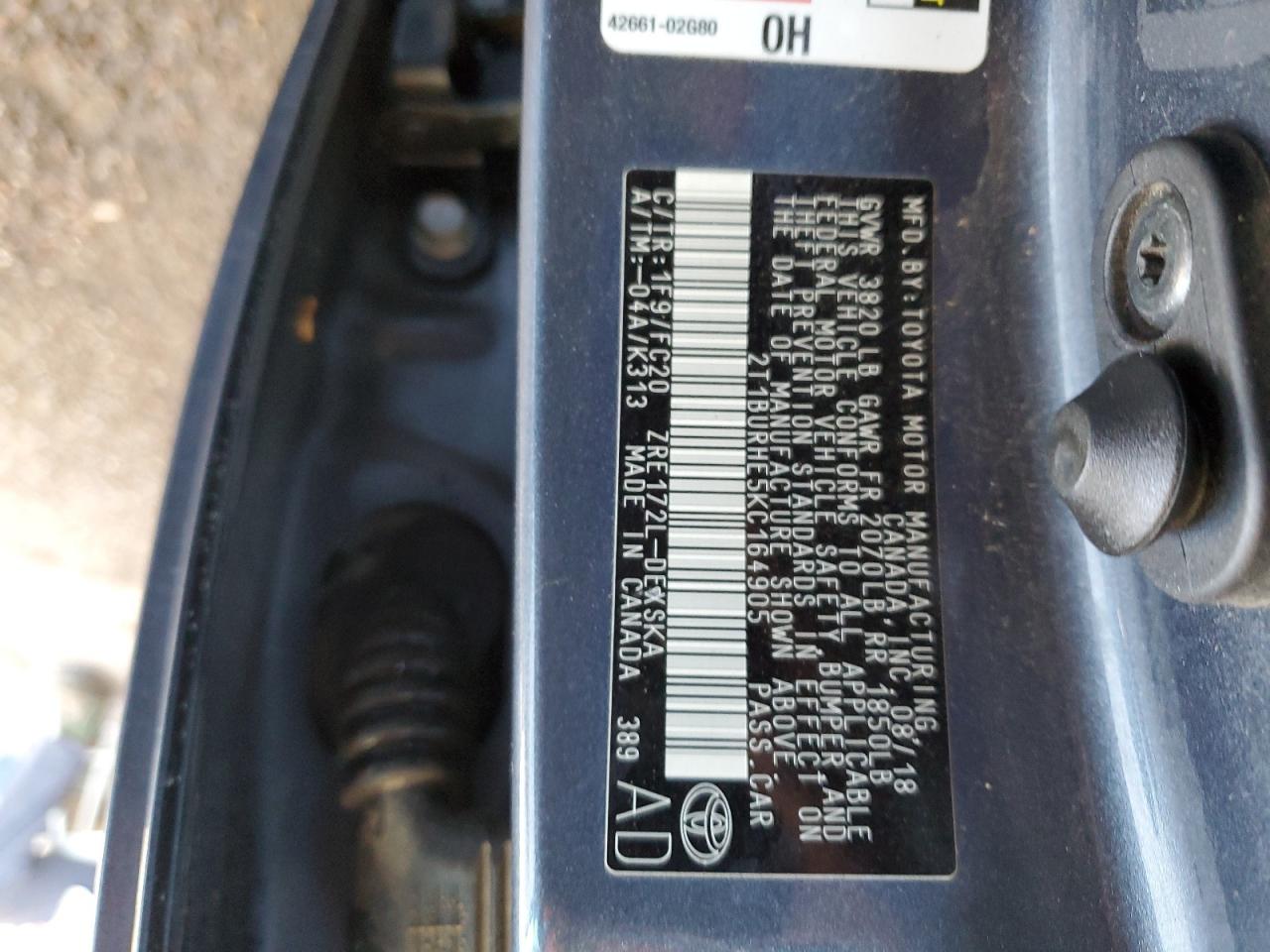 2T1BURHE5KC164905 TOYOTA COROLLA 2019