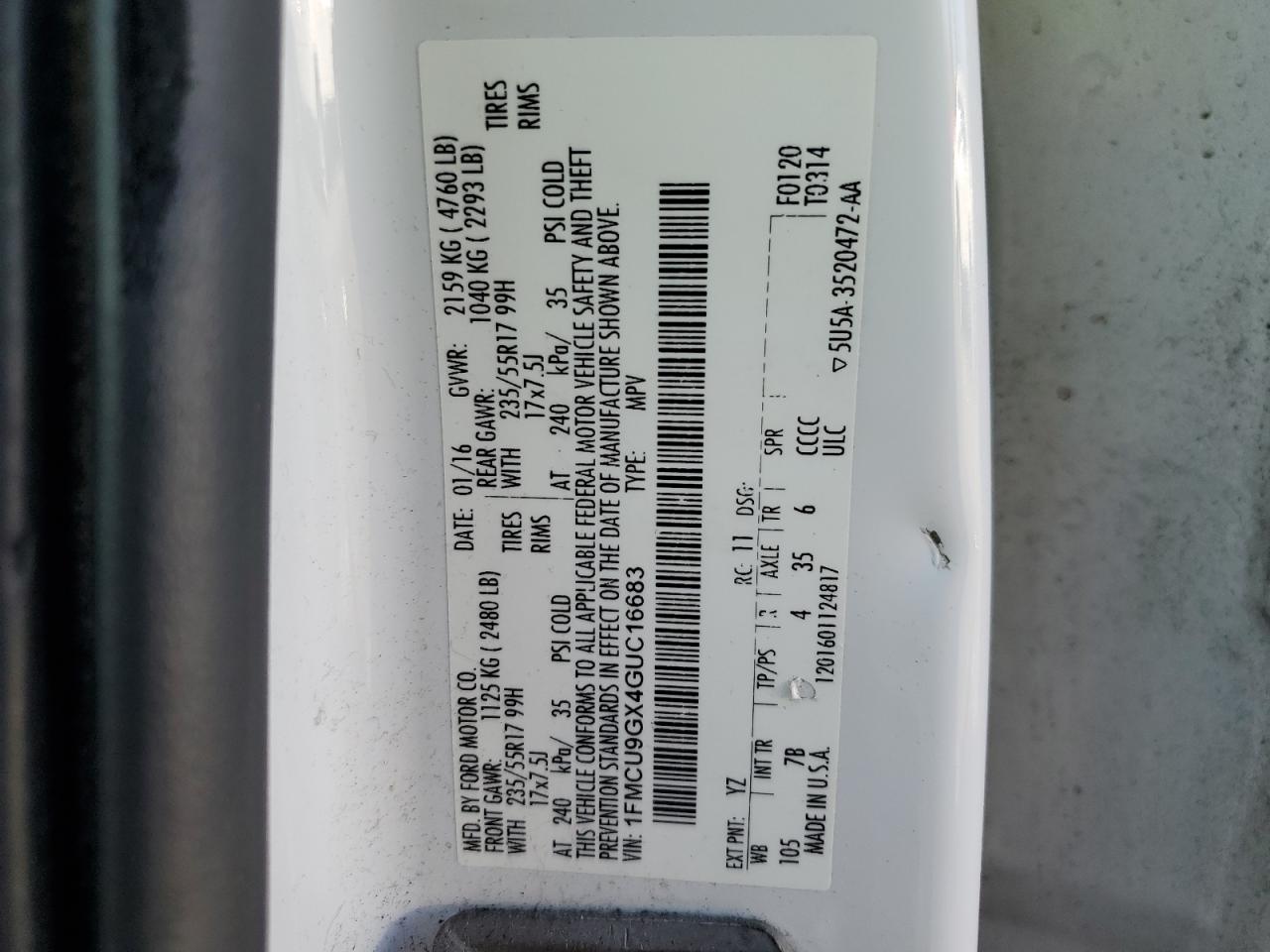 1FMCU9GX4GUC16683 FORD ESCAPE 2016