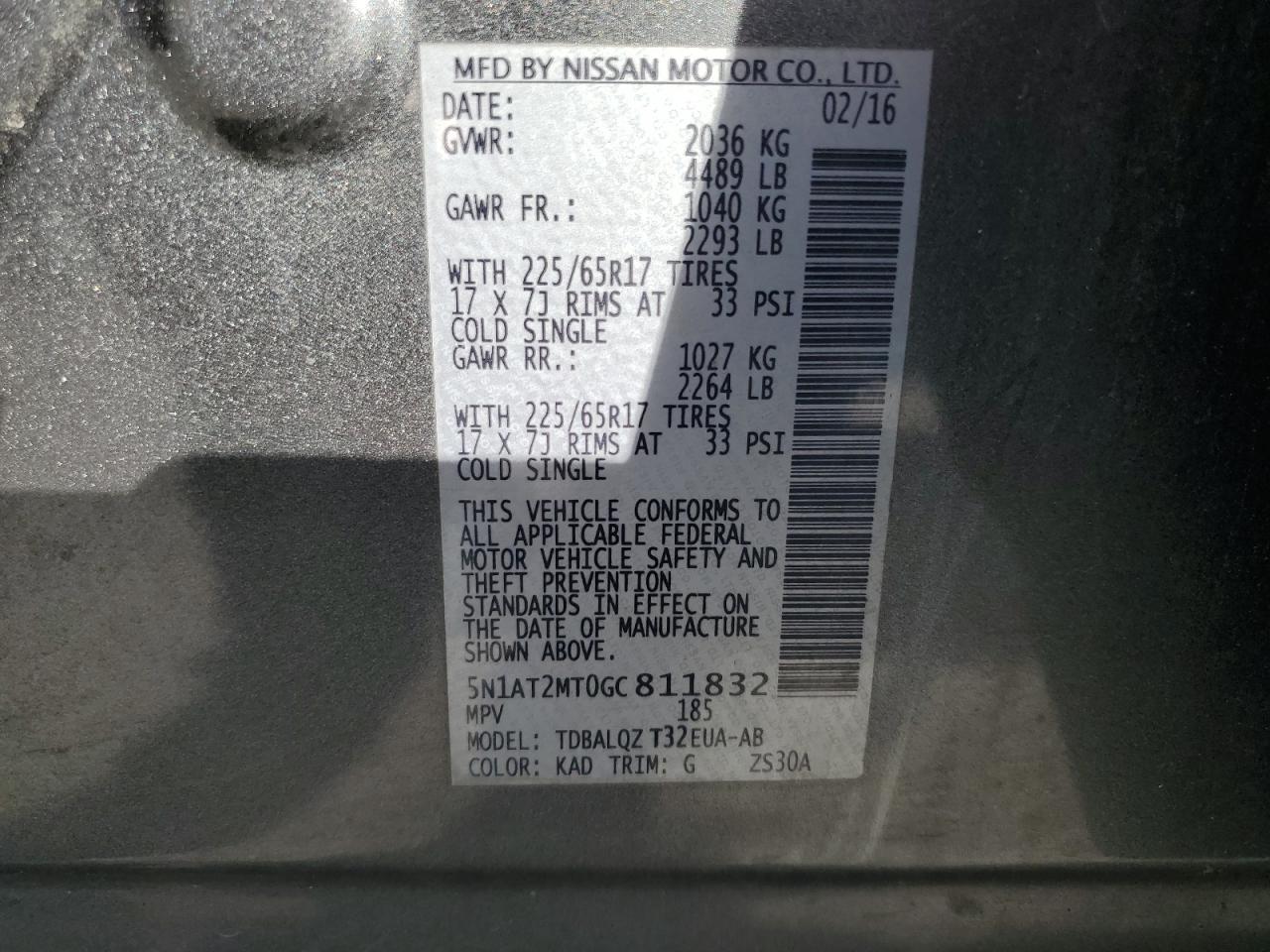 5N1AT2MT0GC811832 NISSAN ROGUE 2016