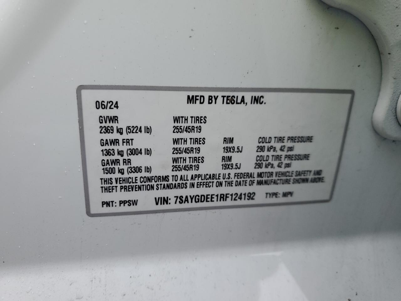 2024 Tesla Model Y VIN: 7SAYGDEE1RF124192 Lot: 48789325