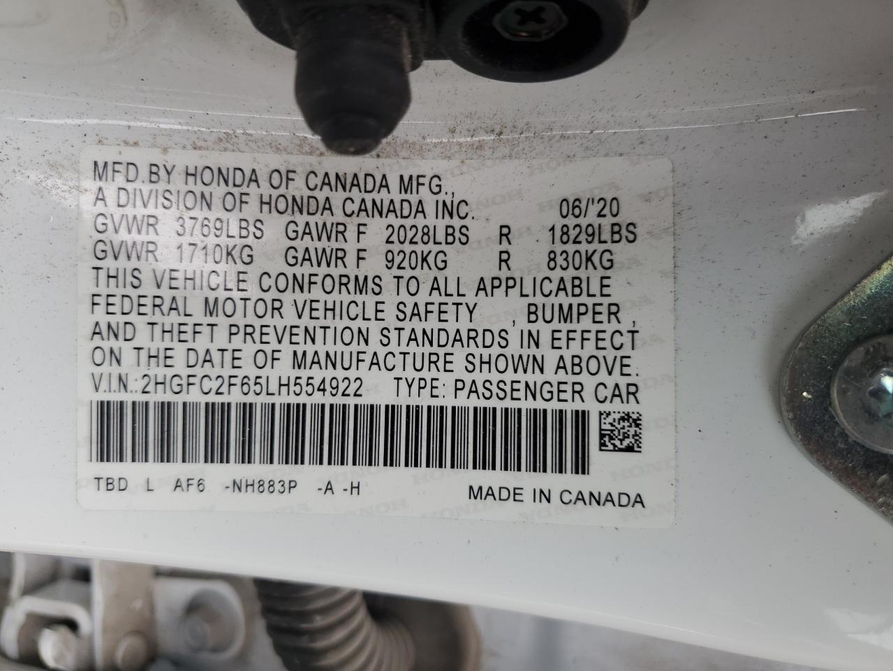 2HGFC2F65LH554922 HONDA CIVIC 2020
