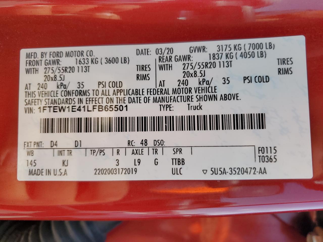 1FTEW1E41LFB65501 FORD F-150 2020