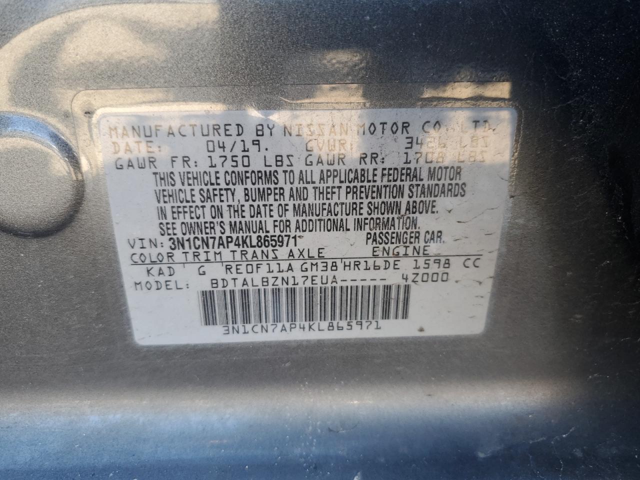 3N1CN7AP4KL865971 NISSAN VERSA 2019