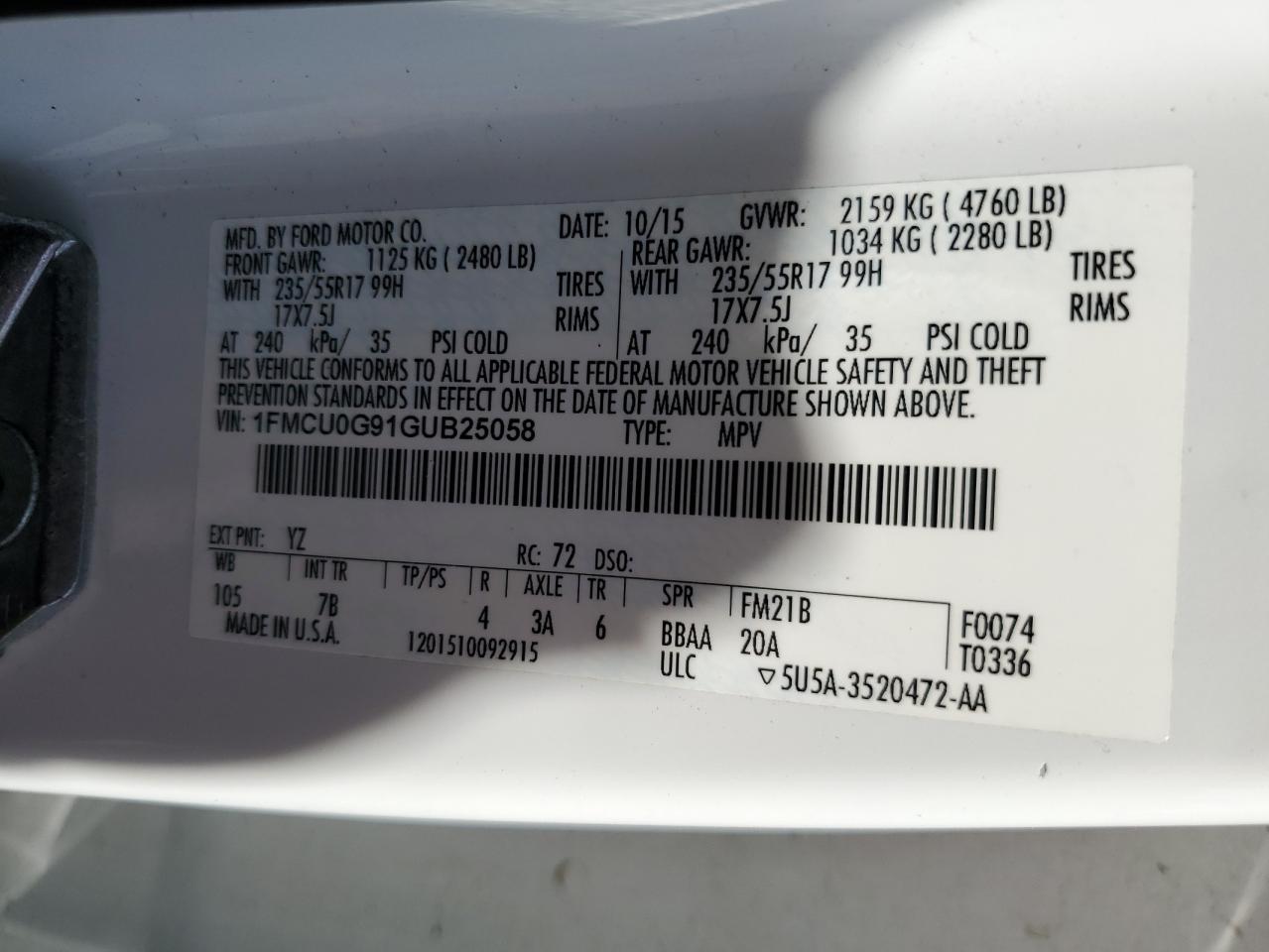 1FMCU0G91GUB25058 FORD ESCAPE 2016