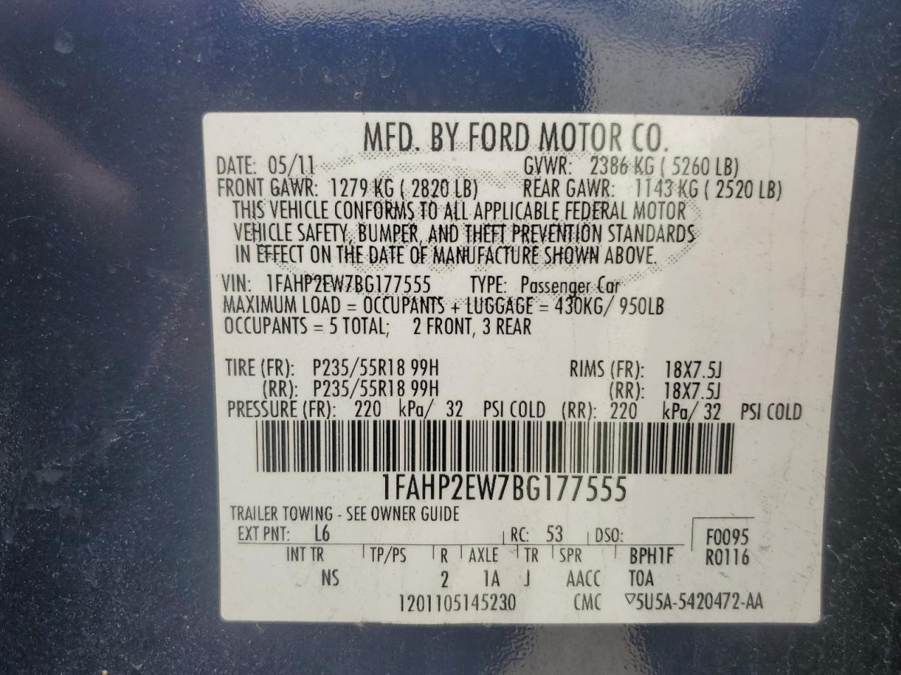 2011 Ford Taurus Sel VIN: 1FAHP2EW7BG177555 Lot: 48970745