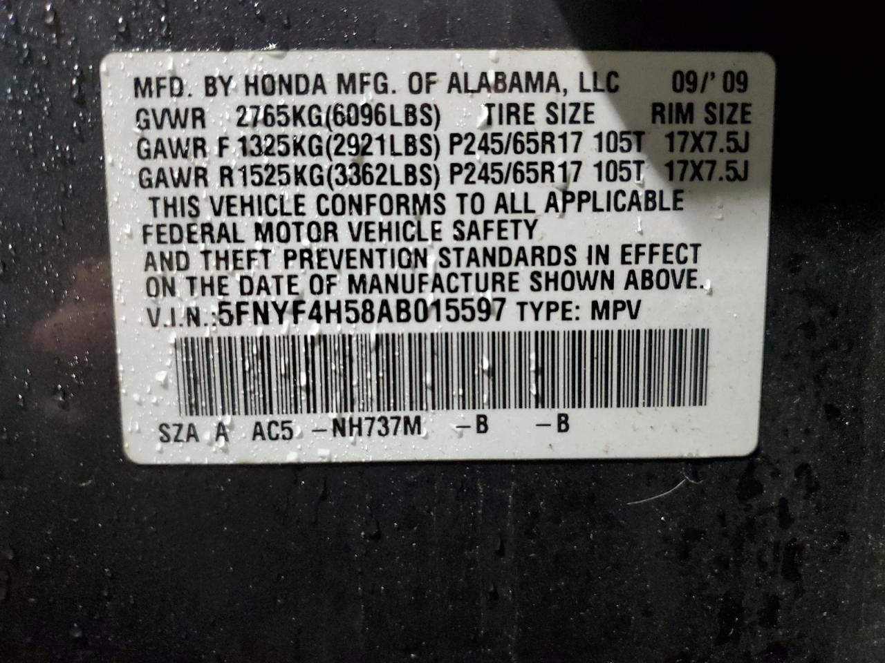 2010 Honda Pilot Exl VIN: 5FNYF4H58AB015597 Lot: 50369845