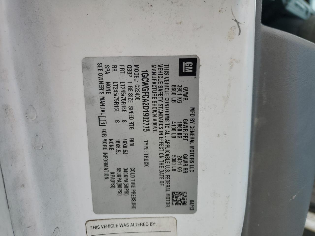 2013 Chevrolet Express G2500 VIN: 1GCWGFCA2D1902775 Lot: 47970515