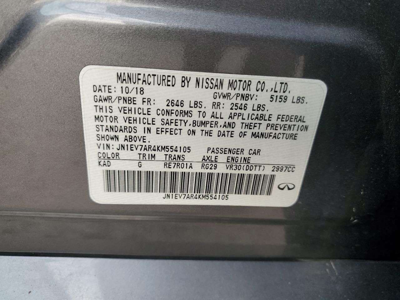 2019 Infiniti Q50 Luxe VIN: JN1EV7AR4KM554105 Lot: 50749555