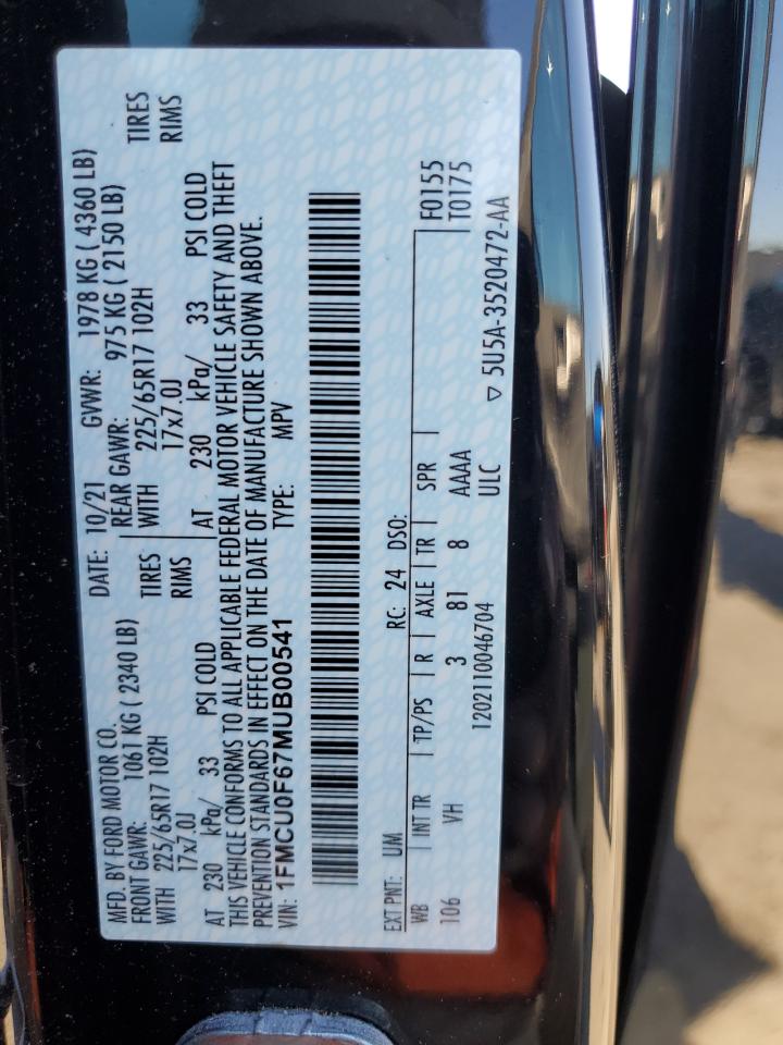 1FMCU0F67MUB00541 FORD ESCAPE 2021
