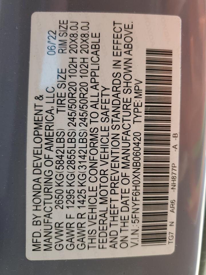 5FNYF6H0XNB060420 HONDA PILOT 2022