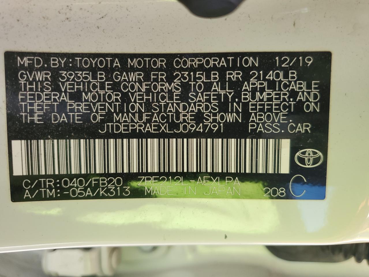 JTDEPRAEXLJ094791 TOYOTA COROLLA 2020
