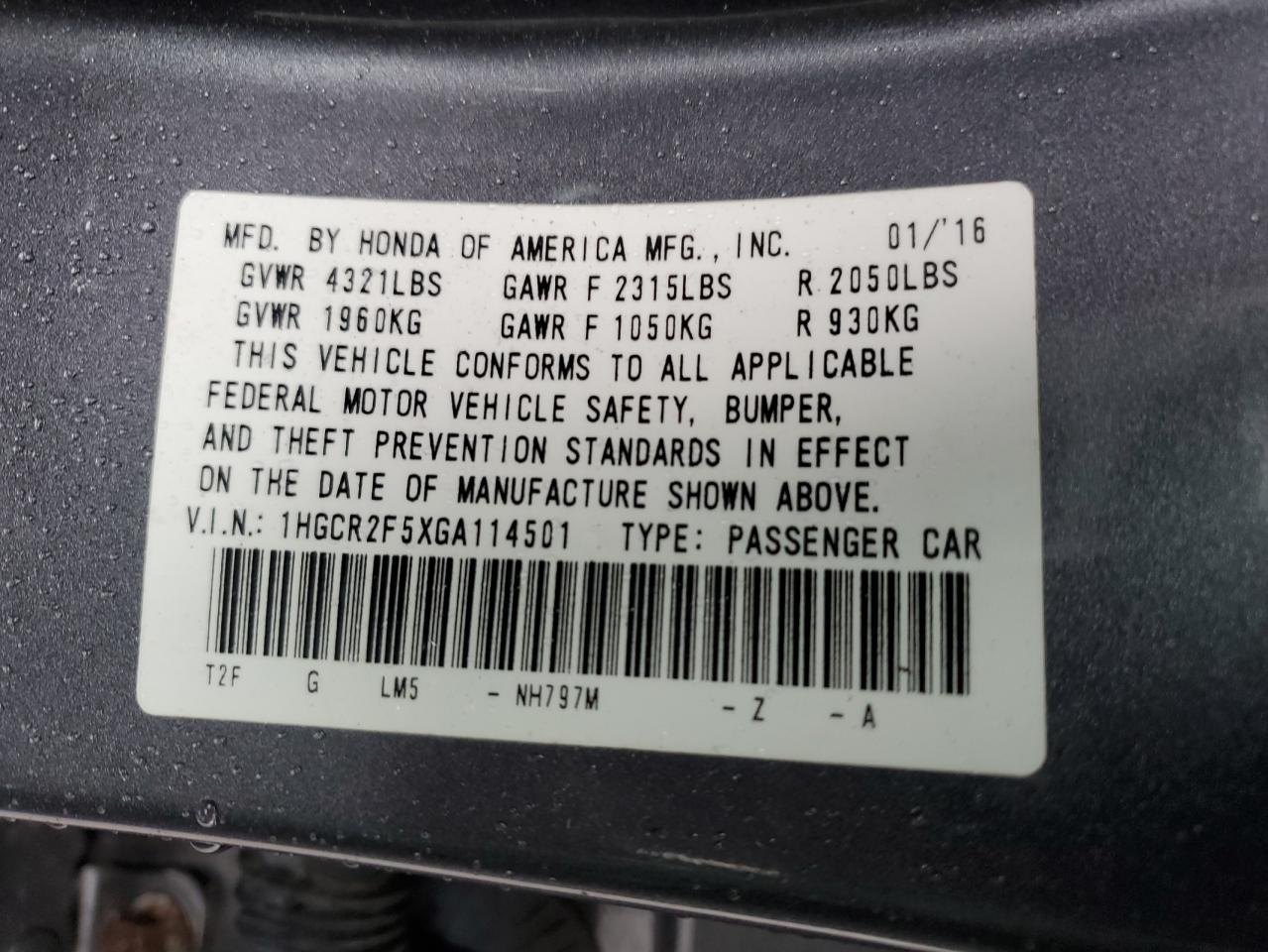 1HGCR2F5XGA114501 HONDA ACCORD 2016