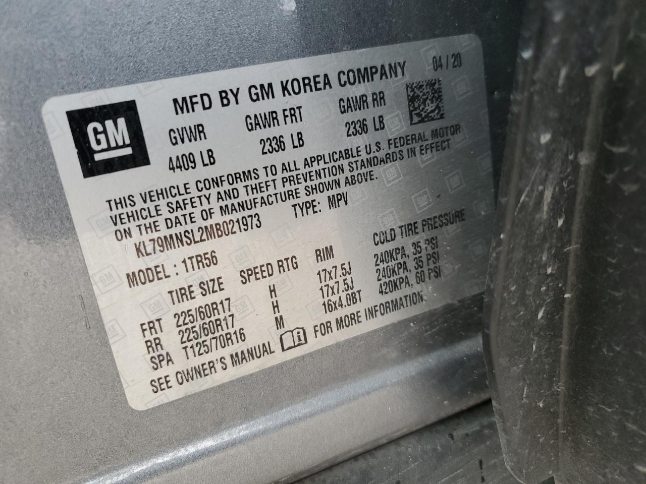 KL79MNSL2MB021973 CHEVROLET TRAILBLZR 2021
