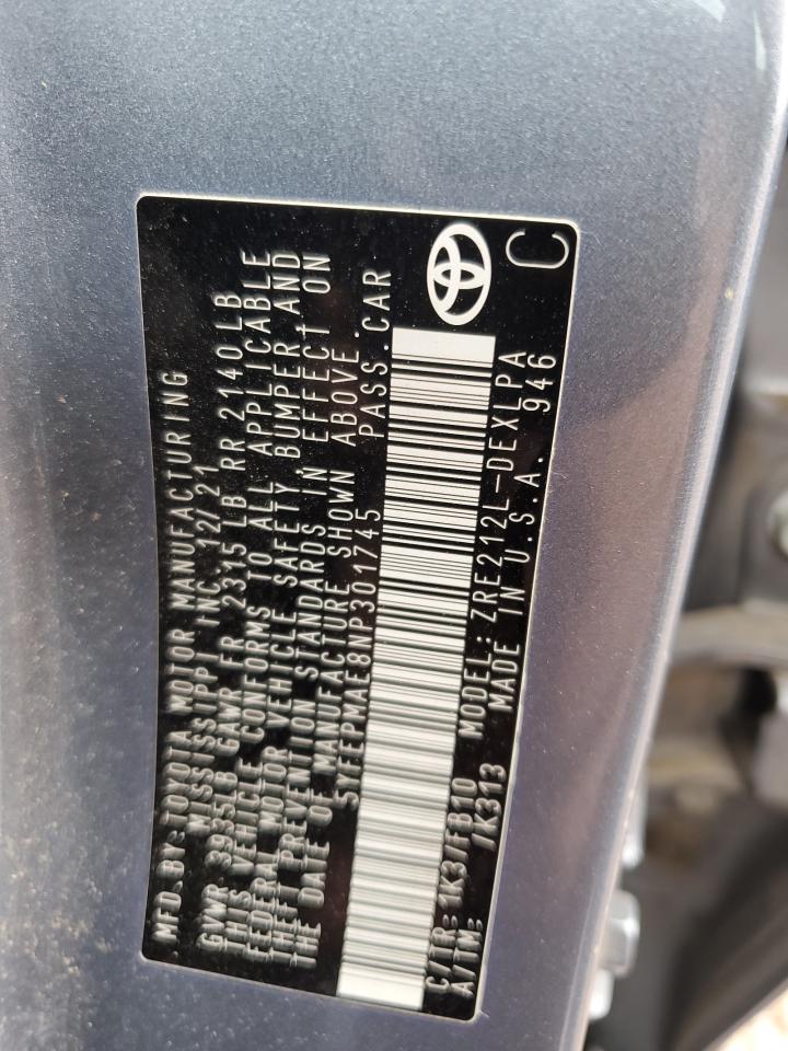 5YFEPMAE8NP301745 TOYOTA COROLLA 2022
