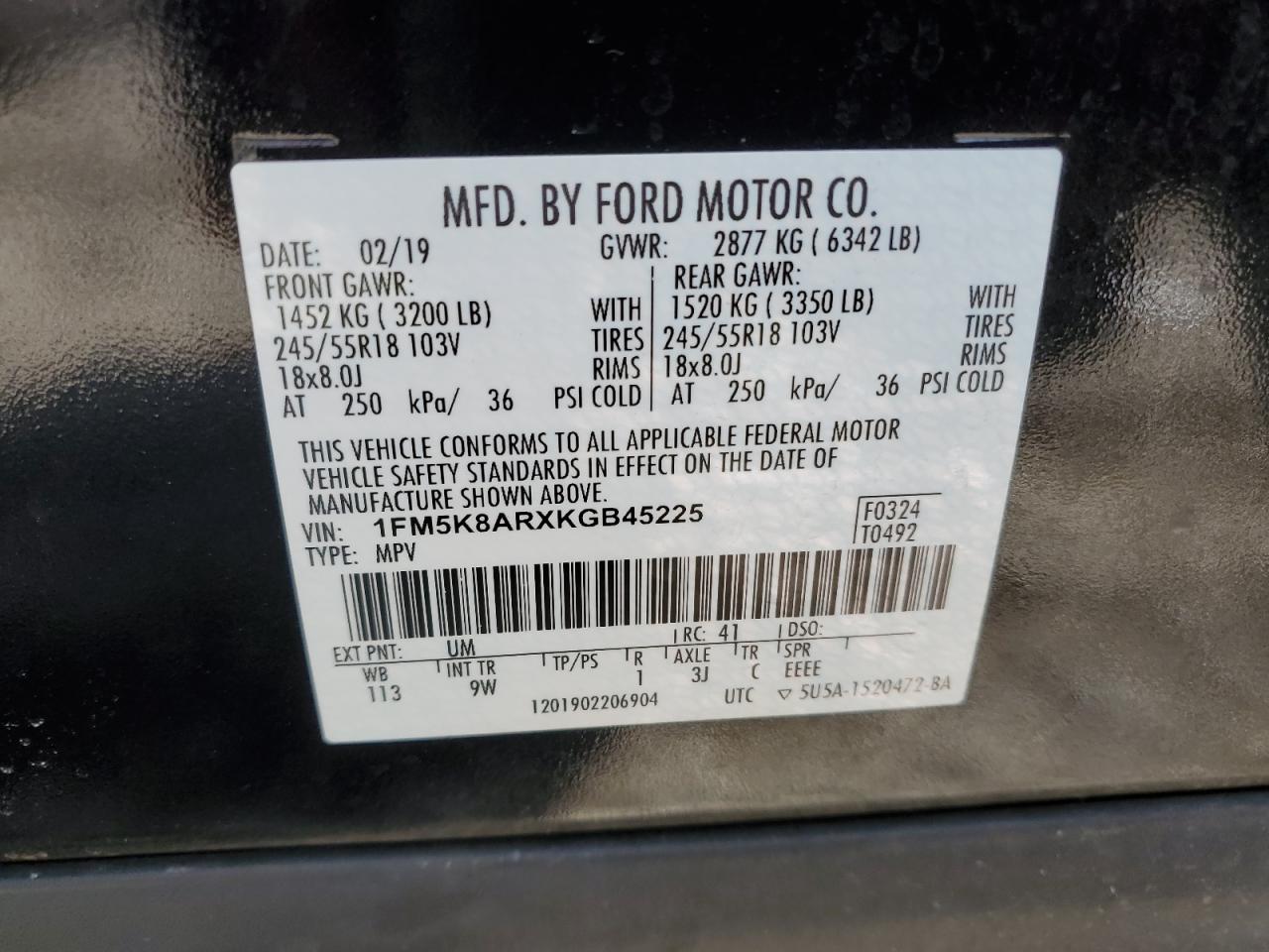 1FM5K8ARXKGB45225 FORD EXPLORER 2019