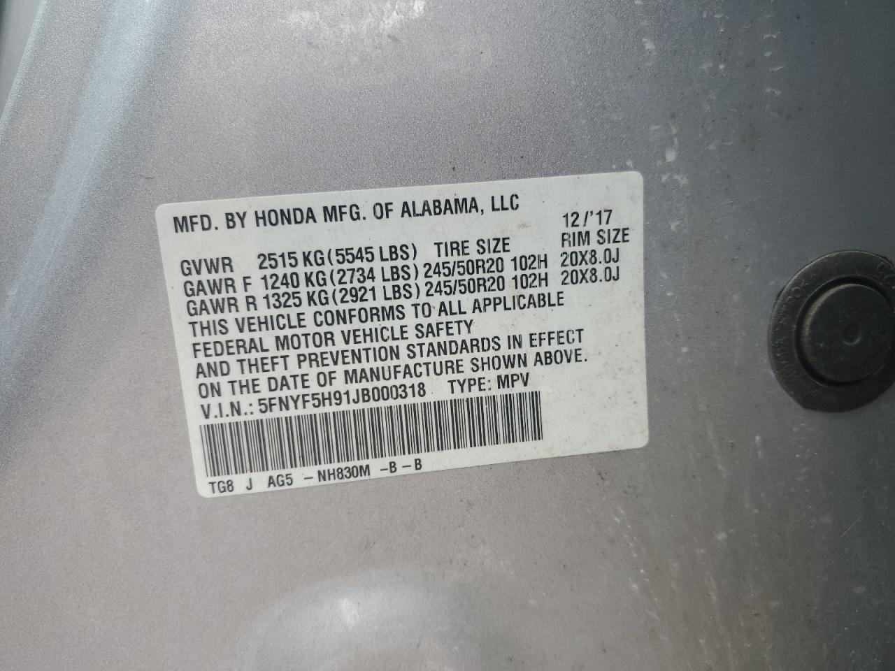 5FNYF5H91JB000318 HONDA PILOT 2018