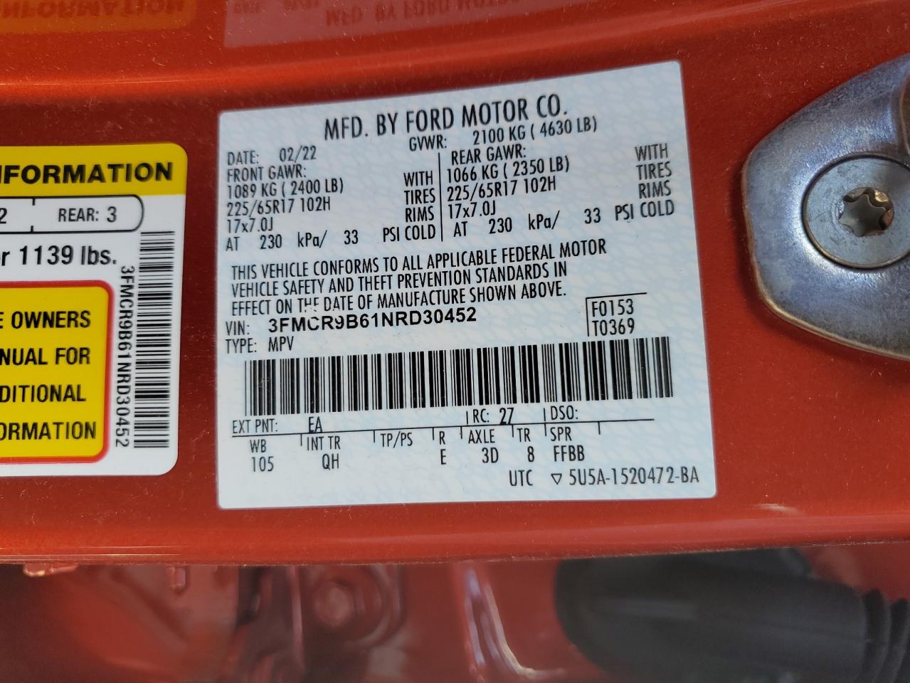 3FMCR9B61NRD30452 FORD BRONCO 2022