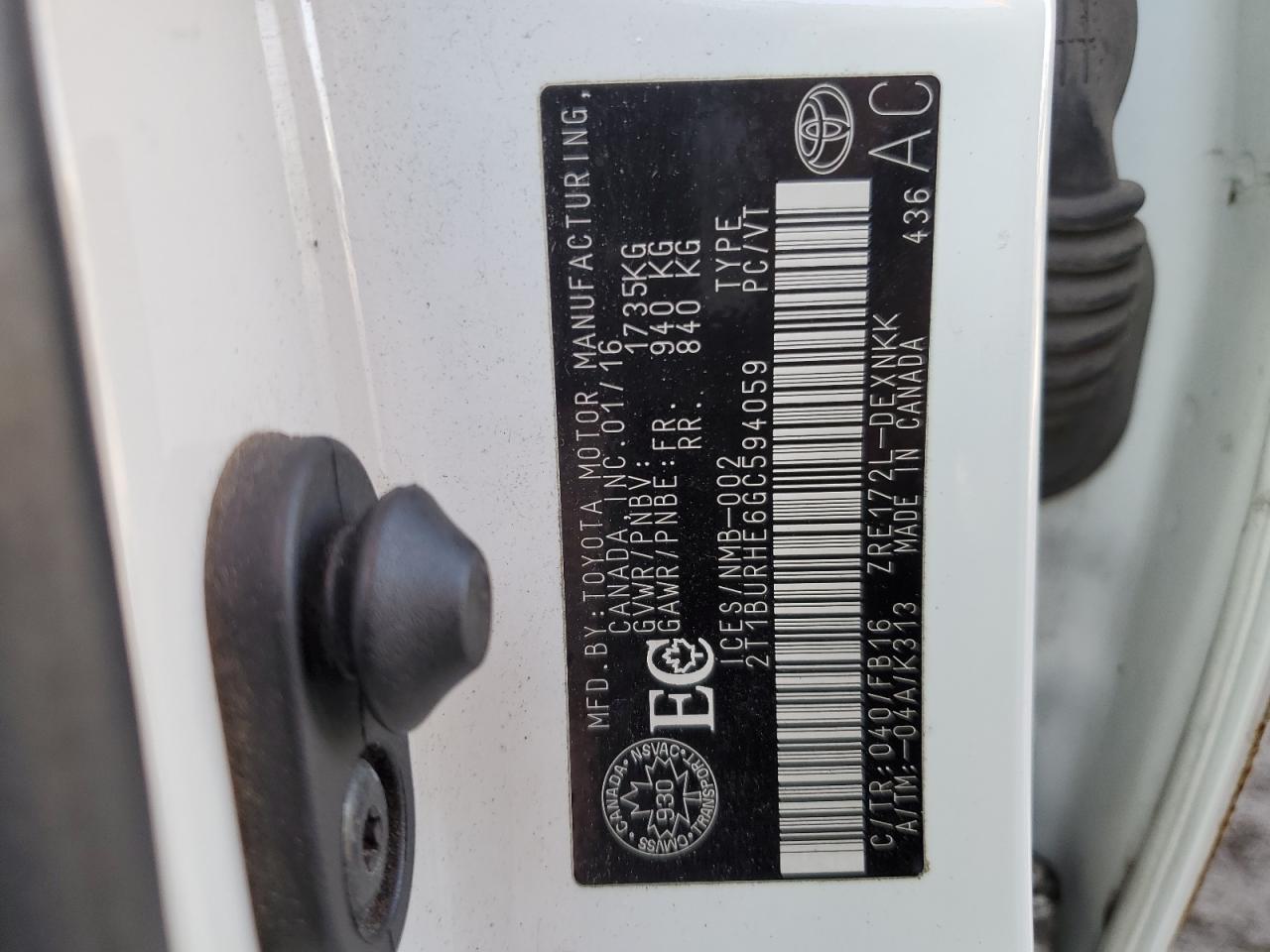 2016 Toyota Corolla L VIN: 2T1BURHE6GC594059 Lot: 48702455