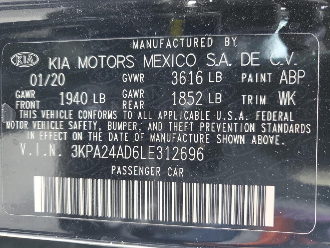 2020 Kia Rio Lx VIN: 3KPA24AD6LE312696 Lot: 49059005