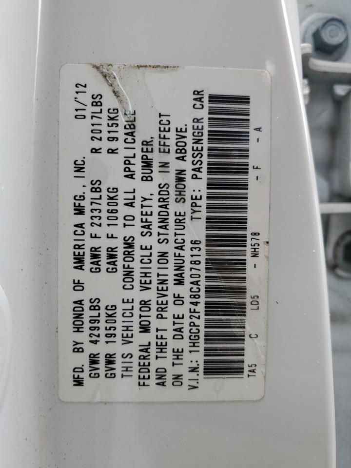 2012 Honda Accord Lxp VIN: 1HGCP2F48CA078136 Lot: 48141275