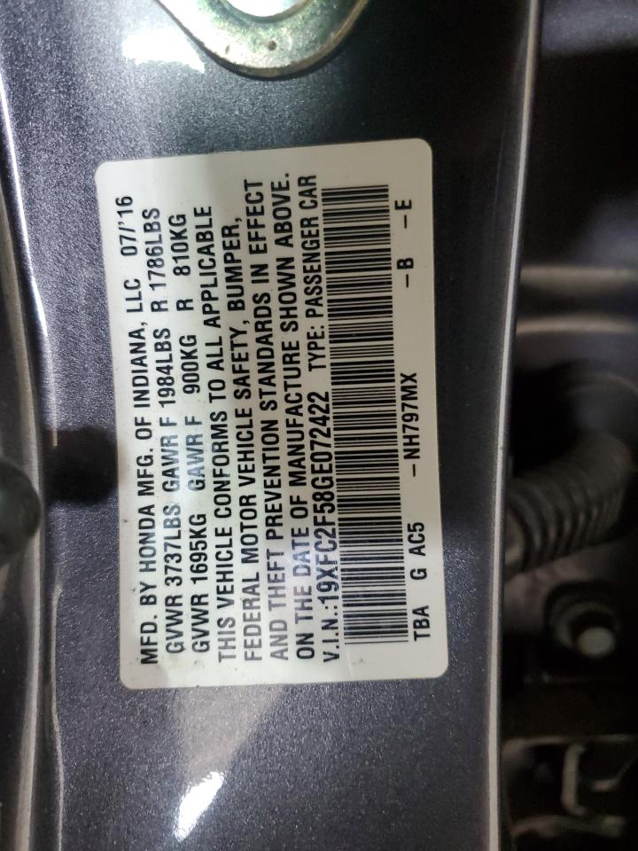 19XFC2F58GE072422 HONDA CIVIC 2016