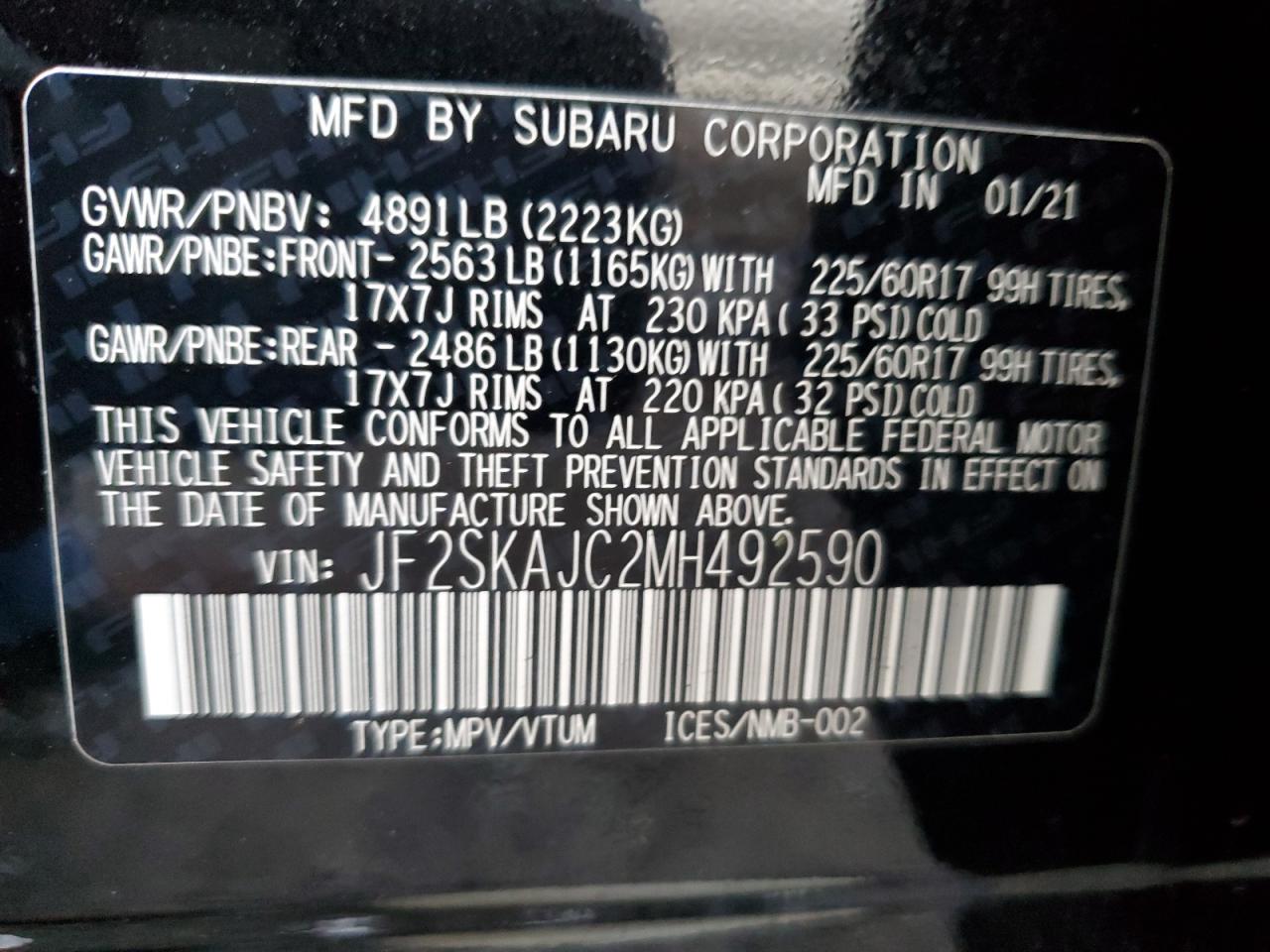 2021 Subaru Forester Premium VIN: JF2SKAJC2MH492590 Lot: 49150605