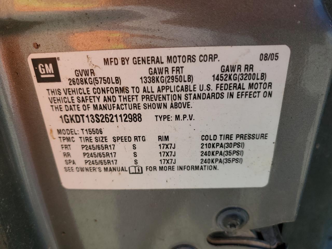 2006 GMC Envoy VIN: 1GKDT13S262112988 Lot: 49896225