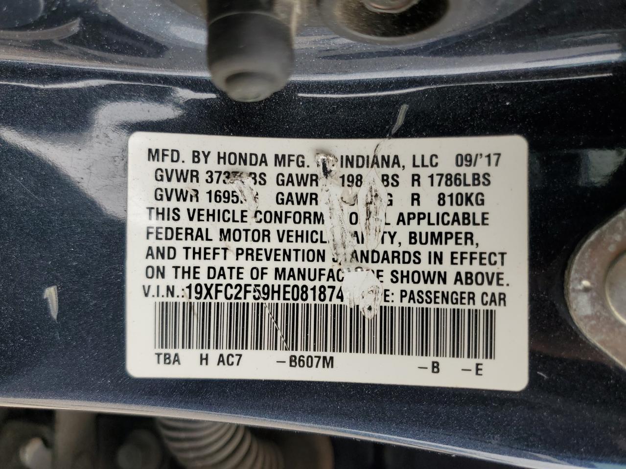 19XFC2F59HE081874 HONDA CIVIC 2017