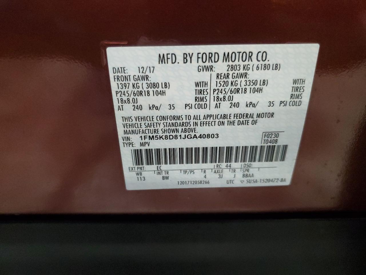 1FM5K8D81JGA40803 FORD EXPLORER 2018