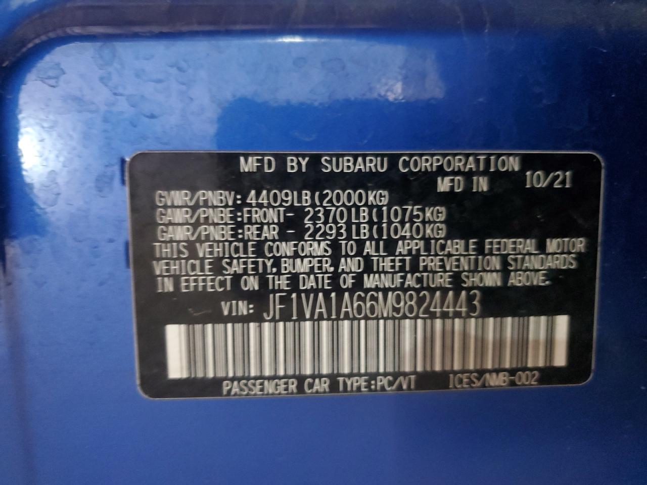 2021 Subaru Wrx VIN: JF1VA1A66M9824443 Lot: 49976185