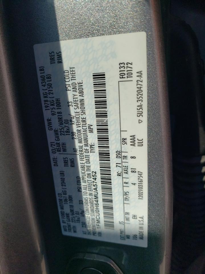 1FMCU0H64MUA57452 FORD ESCAPE 2021