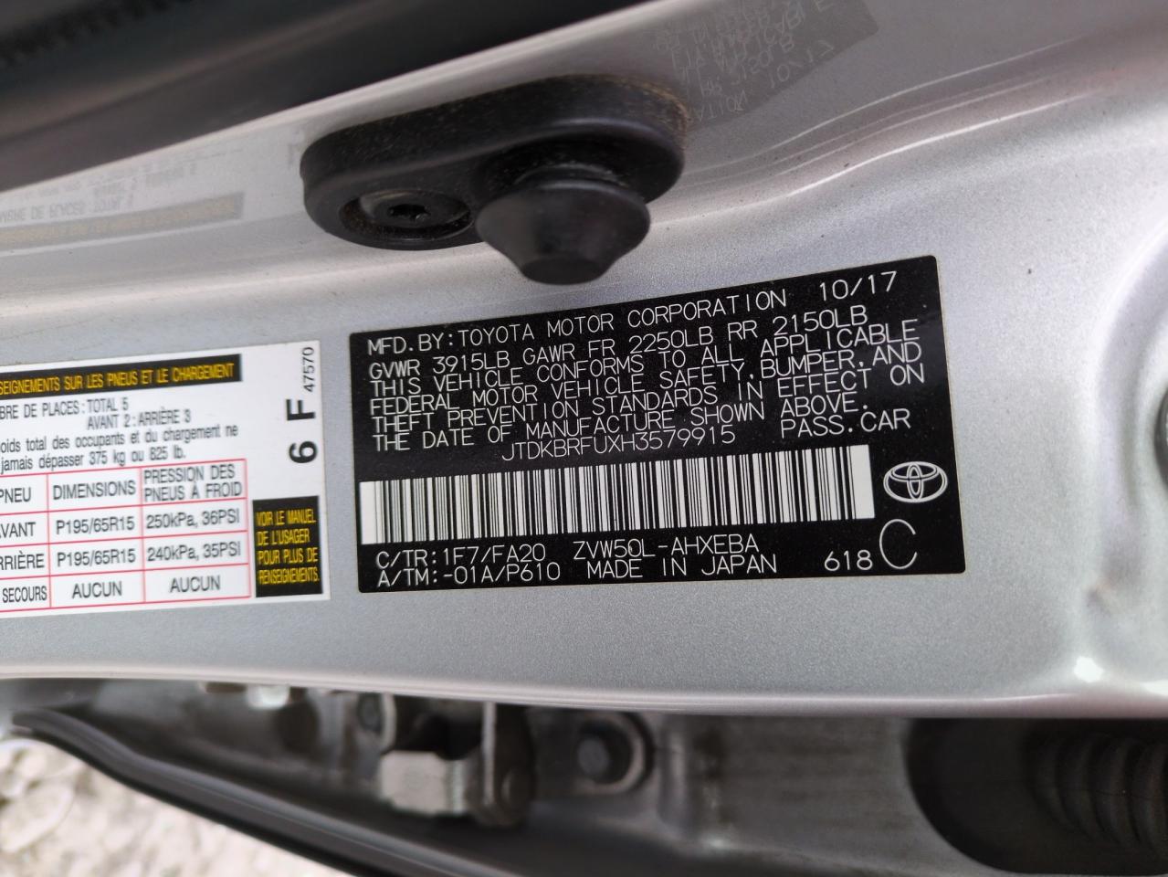 JTDKBRFUXH3579915 TOYOTA PRIUS 2017